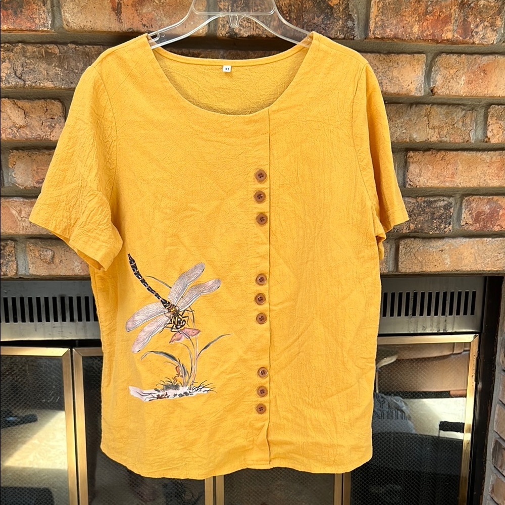 Yellow Button-Up Top with Dragonfly emblem size M